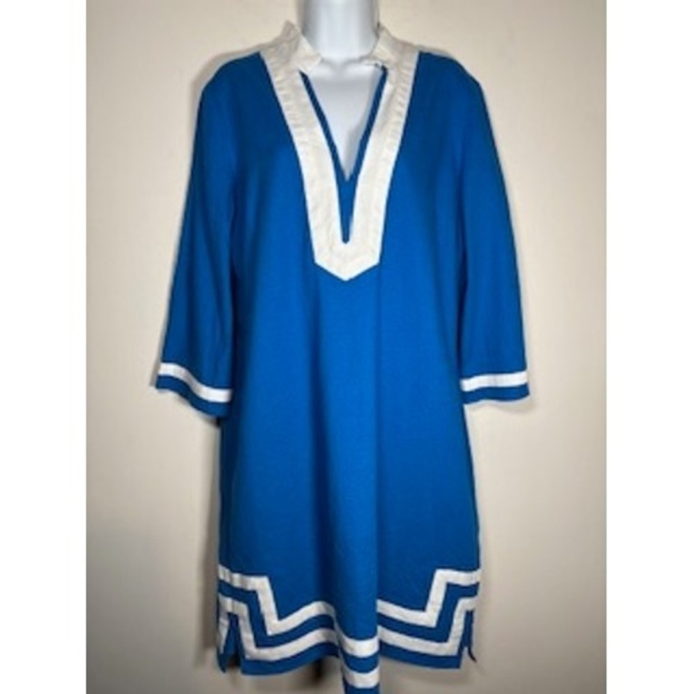 PRESTON & YORK Tunic Dress 10 Blue White Coastal Nautical Resortwear Old Money